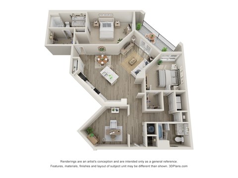 A 3D floor plan of a house with a kitchen, living room, and two bedrooms.